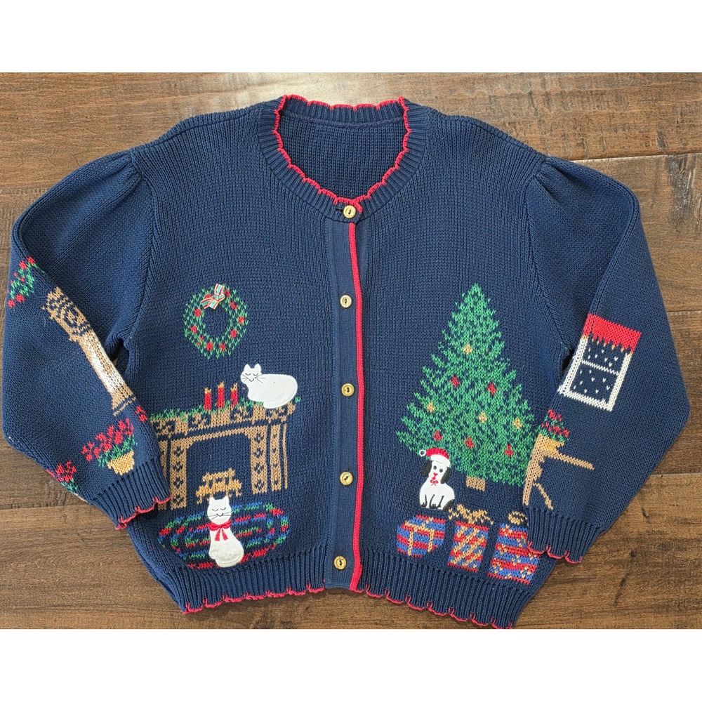 VTG Cottagecore Kitschy Cozy Cat Cardigan Navy Holiday Scene Cats Dog XL